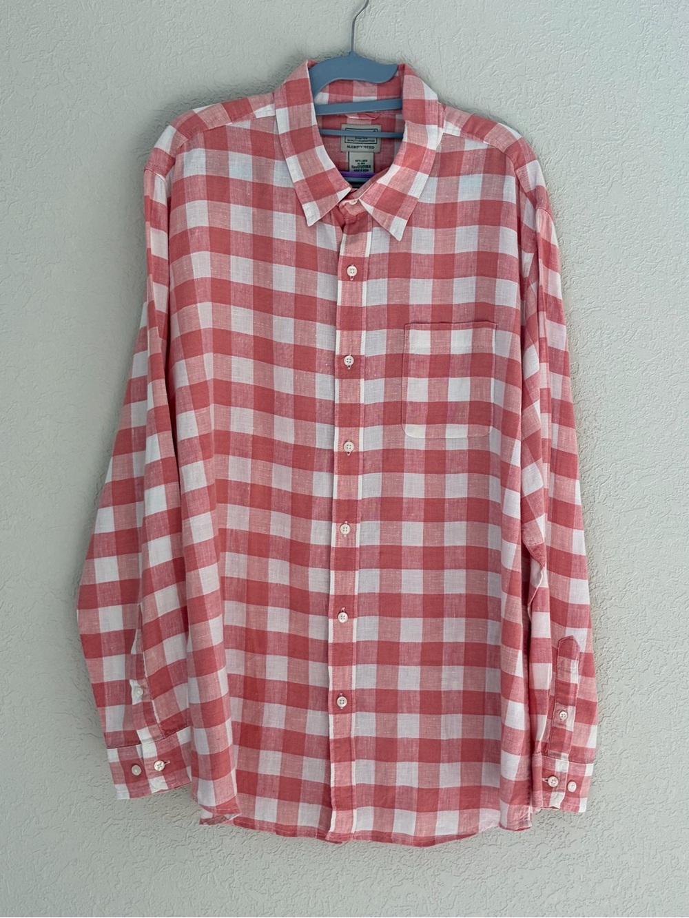 LL Bean Shirt 100% Linen Mens XL Peach Checkered Long Sleeve Slightly Fitted